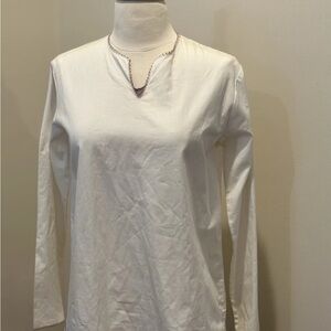 Women's White Long-Sleeve Split Neck Tee with Decorative Trim